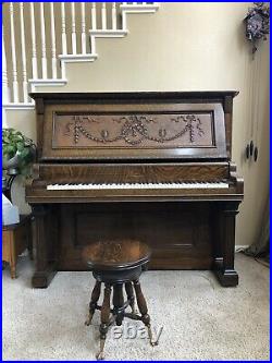 ANTIQUE 1890s RUSSELL & LANE Chicago Upright Piano & Stool with Tiger Oak