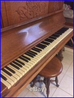 Antique 1894 Upright Kimball Piano and stool- Mission Oak with Carved Detail