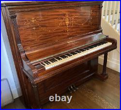 Antique Hardman Piano Upright Grand New York Carved Mahogany Inlay Mint Restored