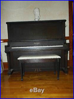 Antique Haunted Upright Tiger Striped WOOD PIANO Original White Leather Bench