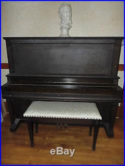 Antique Haunted Upright Tiger Striped WOOD PIANO Original White Leather Bench