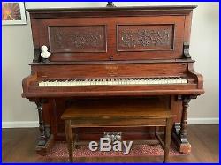 Antique Upright Grand Piano. Wheelock. Stunning details in woodworking