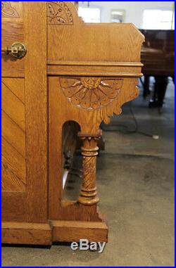 English Gothic style, Ibach upright piano with inlay and carvings