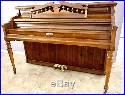 Kimball Artist Console Walnut Piano & Bench, Ornate Wood Decor Book Rest, Labels