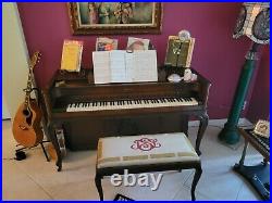 Mid Century Modern Upright Baldwin Acrosonic Piano in Walnut and Cane with Bench
