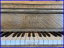 Musical instruments, antique upright restored piano, grade III carved tiger oak