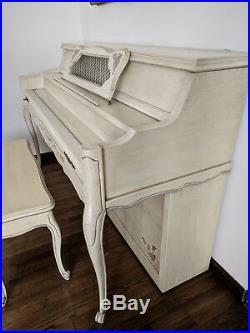 Philharmonic Upright Wooden Piano and Bench, Whitewashed Wood, Floral Carvings