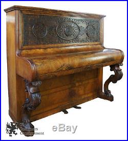 Victorian Walnut Burr Upright Piano Beethoven Medallion Fretwork James Dace 1890