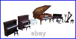 Vintage Miniature Dollhouse Lot Baby Grand Upright Pianos Harp Stand Music Box